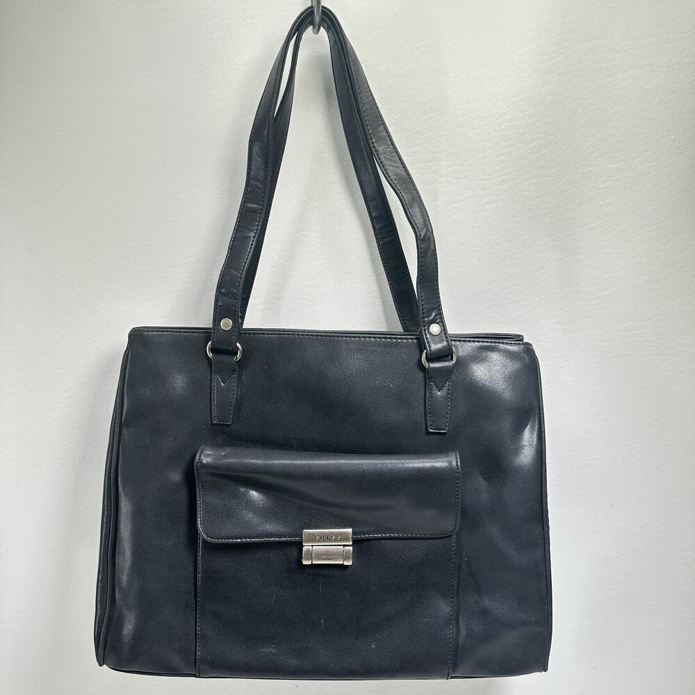 Vintage Guess Handbag Black Faux Leather Smooth Shoulder Front Pocket Bag Y2K